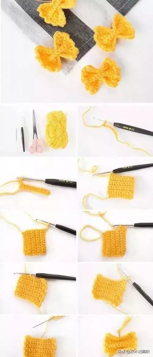 蝴蝶结的钩法教程全过程,金边蝴蝶结钩针详细教程图解