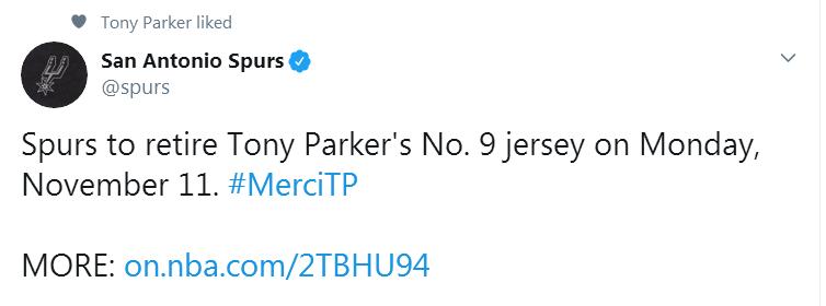 马刺官宣！帕克球衣退役时间定在双11，GDP时代将正式落幕