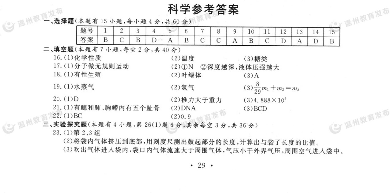 2022年温州中考科学试卷,温州2019年中考科学试卷