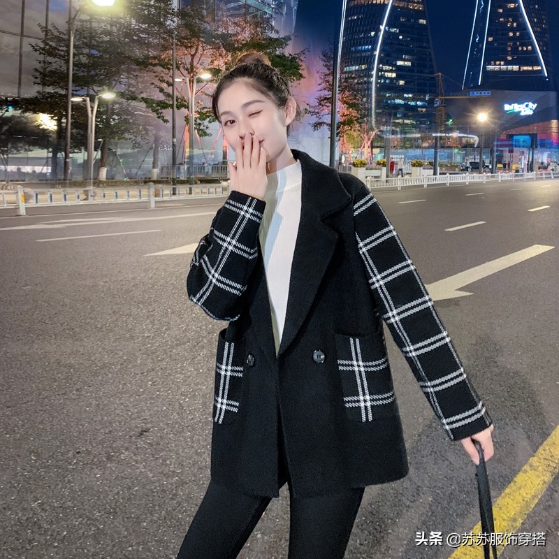 时尚西装领格子外套女秋冬新款韩版宽松小个子呢子大衣