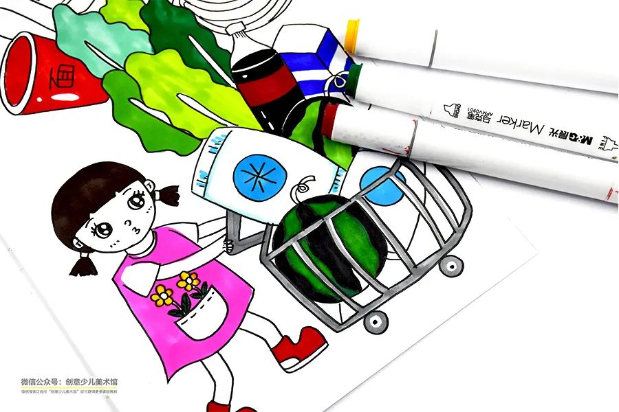 怎么画疯狂购物车图片,创意思维儿童画
