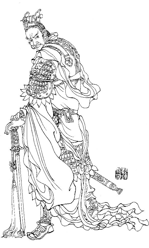 彭连熙工笔白描人物作品,工笔戏曲净角人物白描底稿