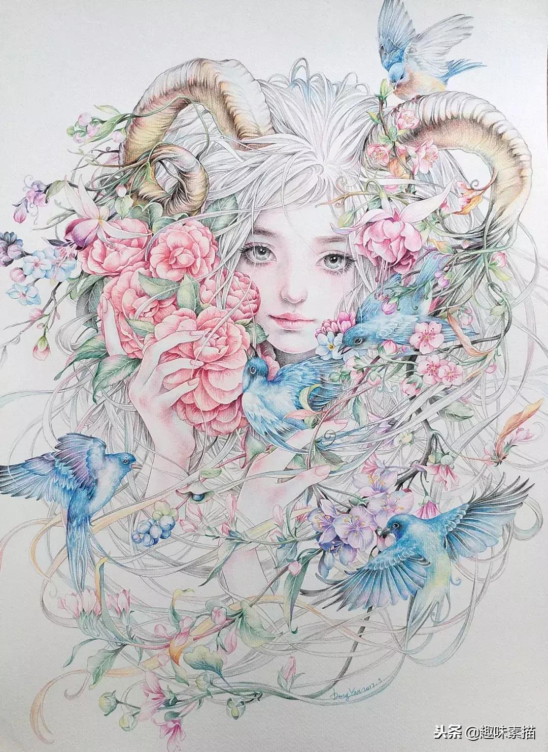 超精细彩铅人像素描,简单又漂亮的彩铅插画