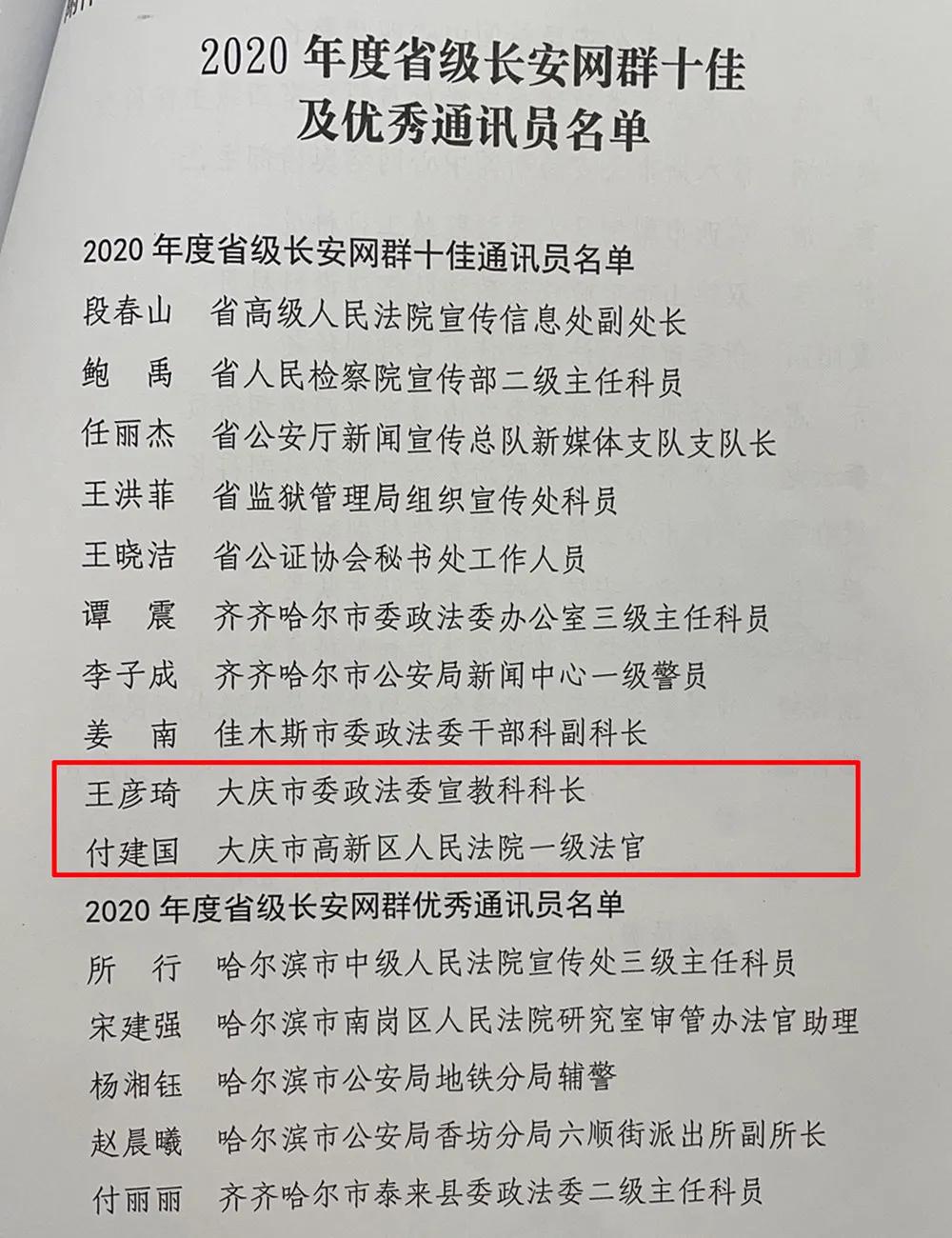 大庆政法系统2人入选2020年度省级长安网群十佳通讯员