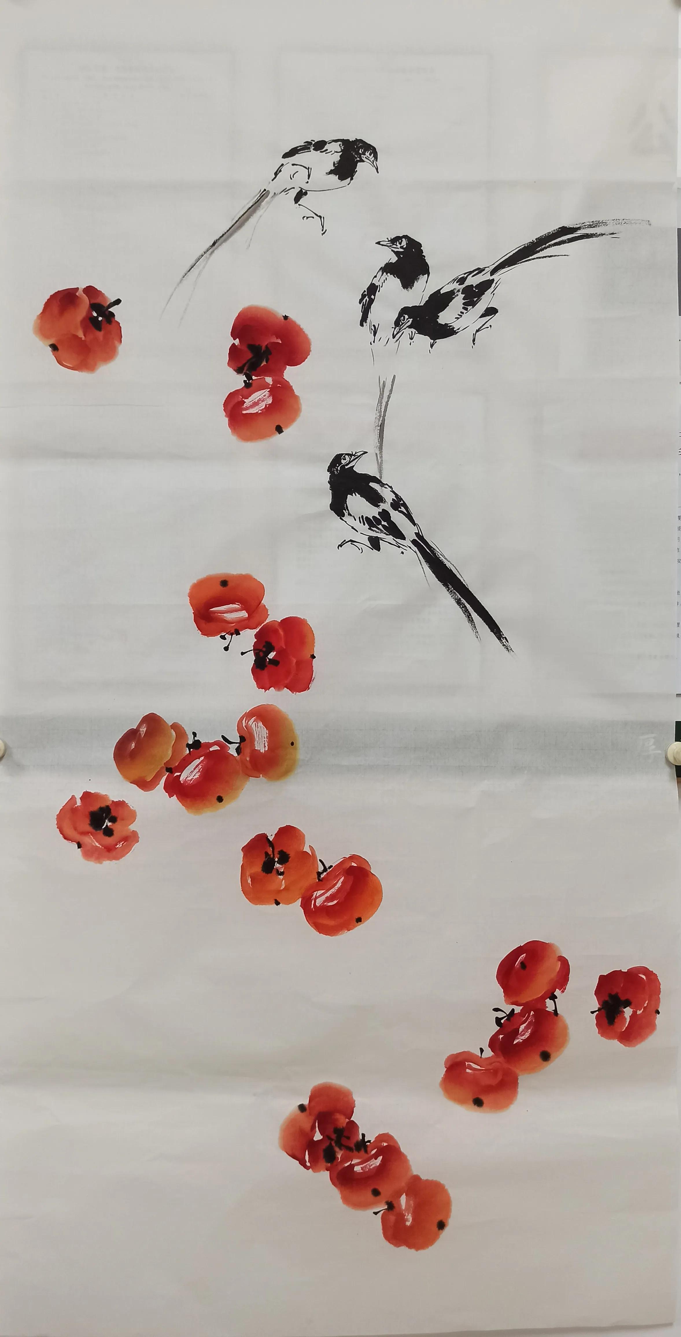 《家有喜事》喜鹊柿子～创作图解