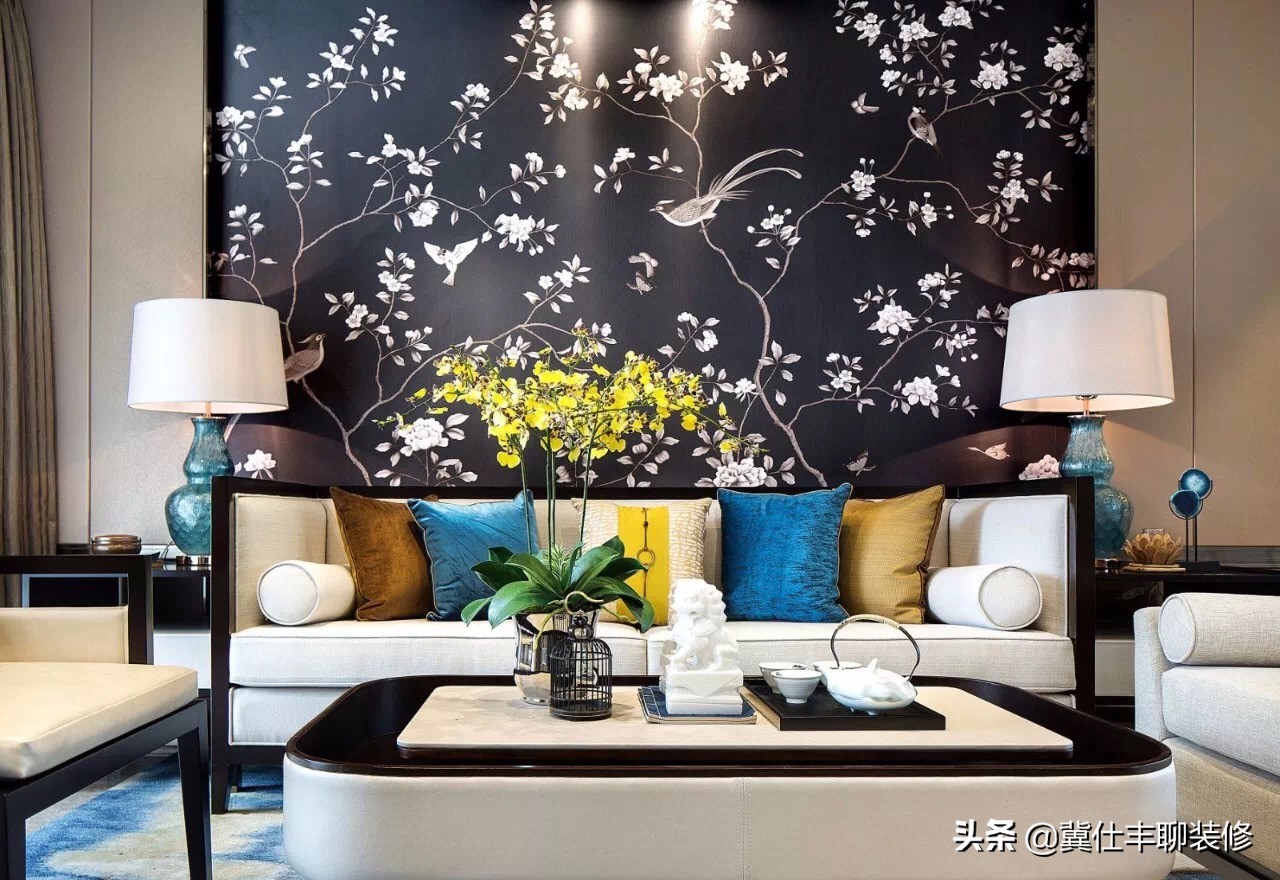 新中式沙发背景墙壁画图片大全,新中式沙发背景墙壁布简约效果图