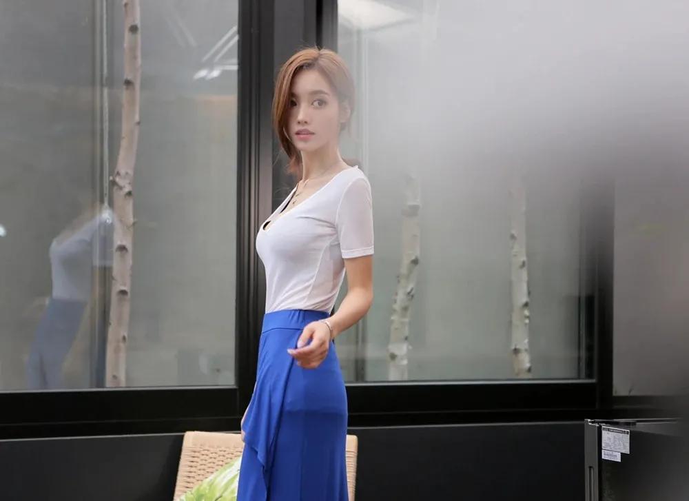 孙允珠蓝色波点连衣裙,孙允珠夏日长裙