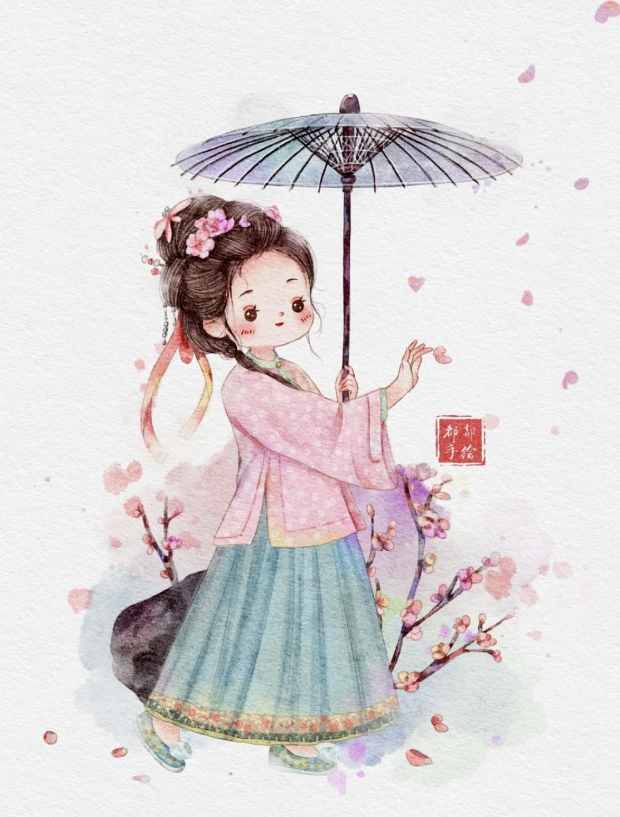 古风俏皮插画,萌萌的古风人物插画