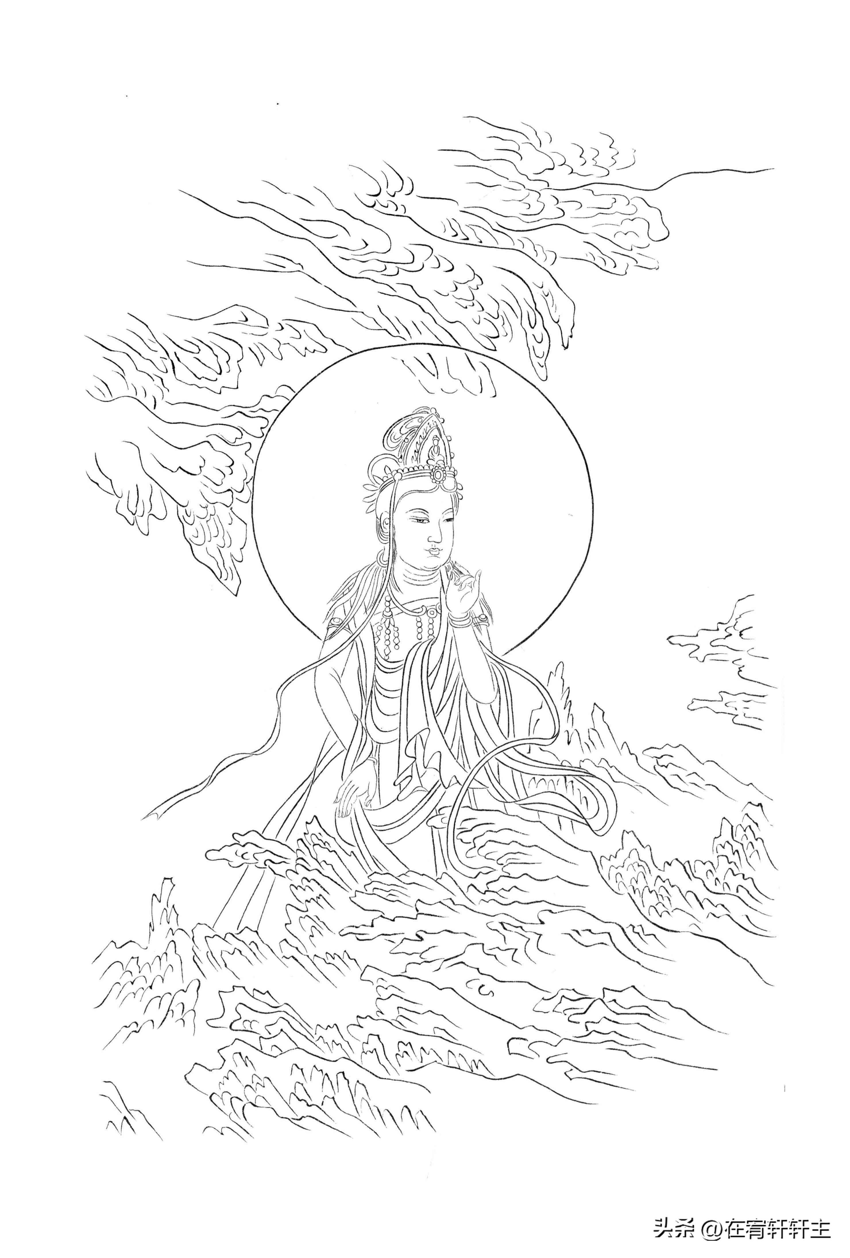 工笔白描观音苏柏斗,工笔画国画白描观音