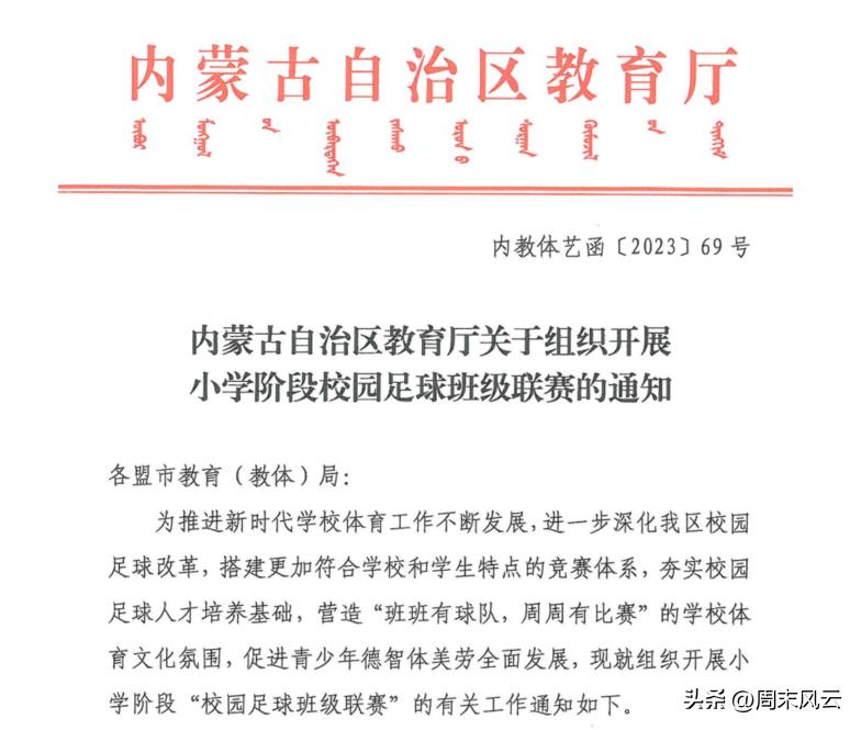 自治区教育厅发布关于组织开展小学阶段校园足球班级联赛的通知