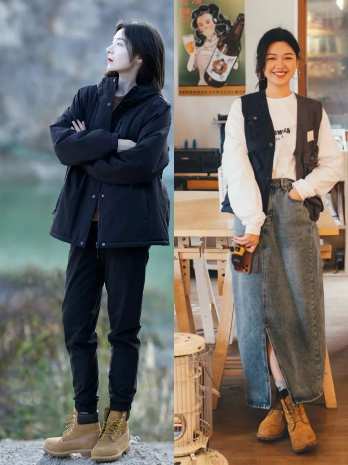 白色羽绒服配大黄靴马丁靴,今年流行的羽绒服配长筒靴