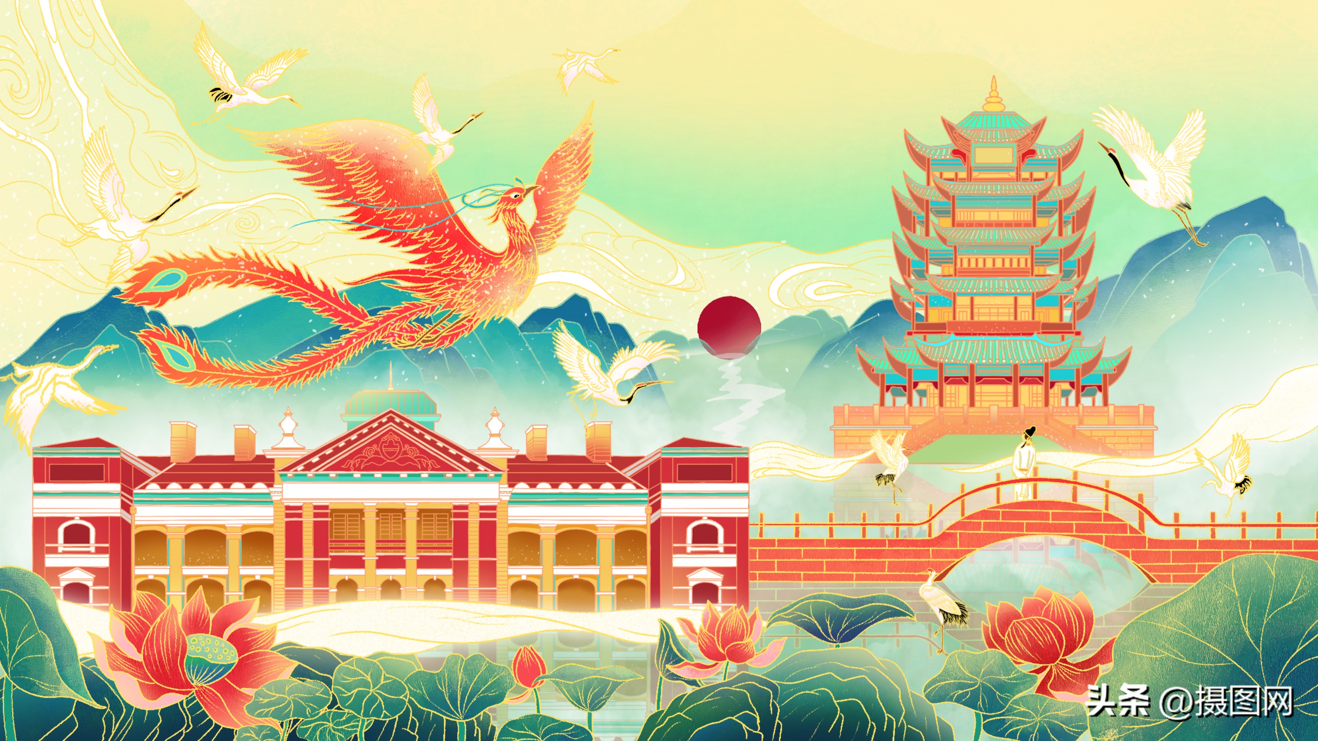 治愈系城市风景插画,扁平风插画风景城市