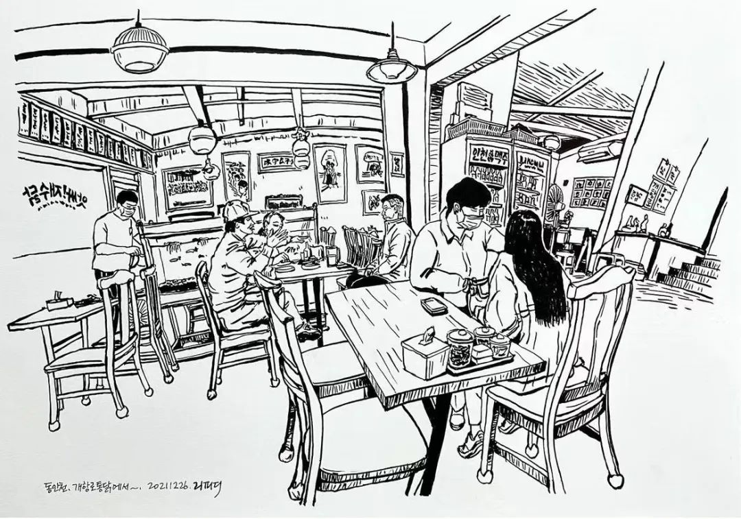 日本画家创作的铅笔街景速写,韩国速写大师