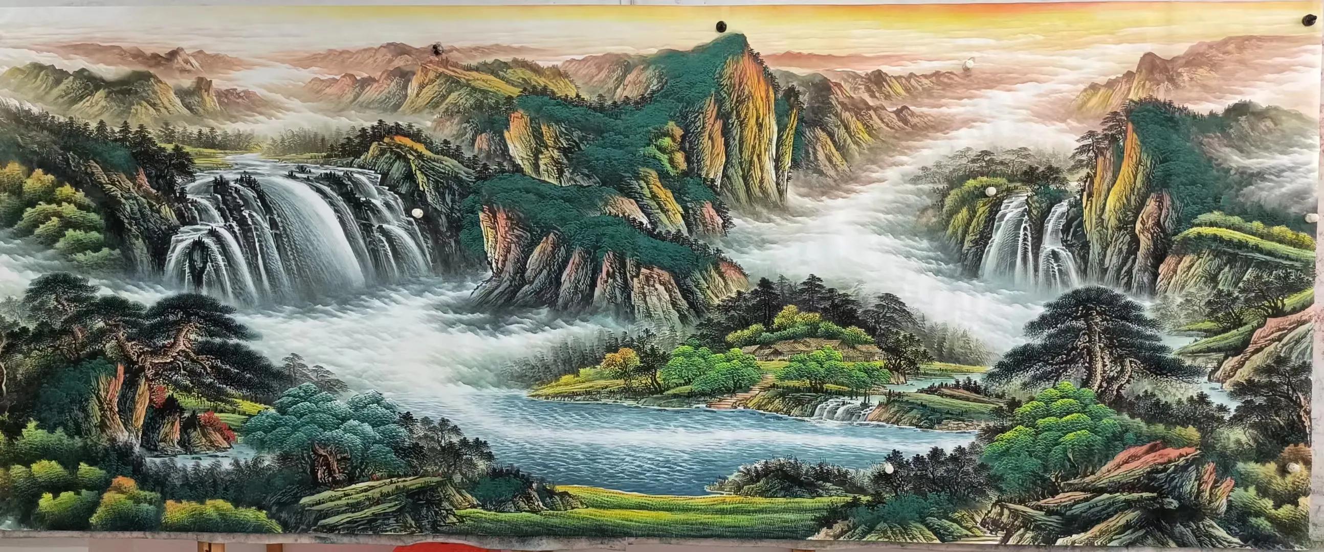 办公室山水画背景墙挂画流水生财,鸿运当头山水画背景墙办公室