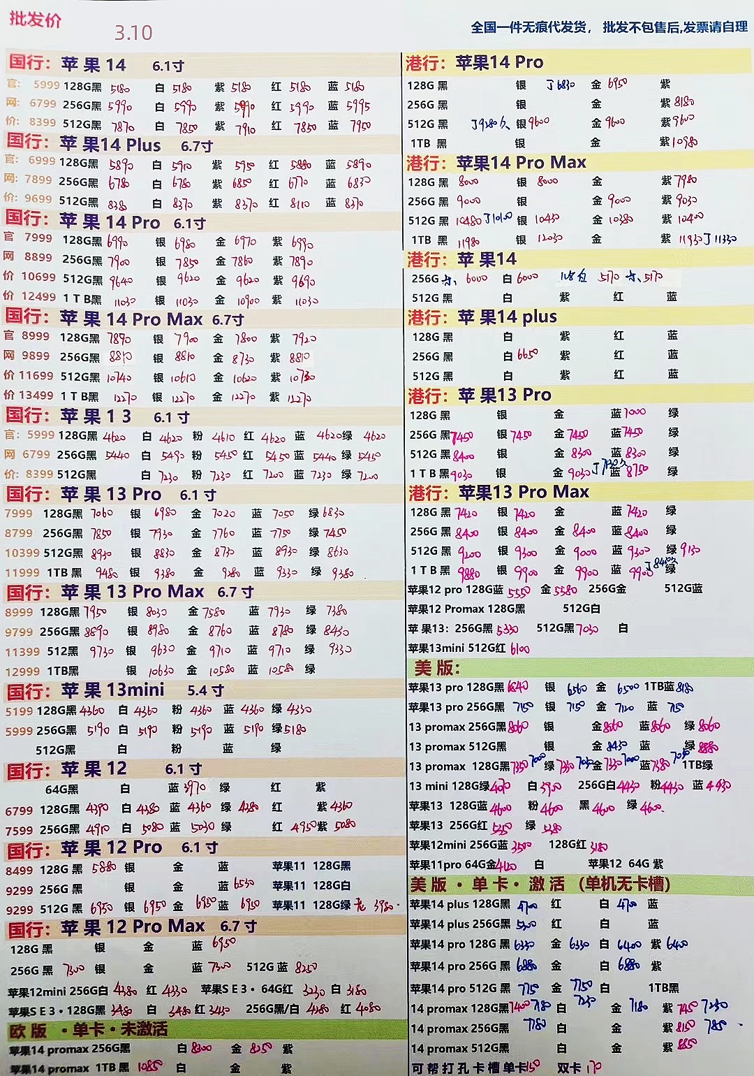2023年12月手机批发价格一览表,华强北今日二手苹果手机报价单