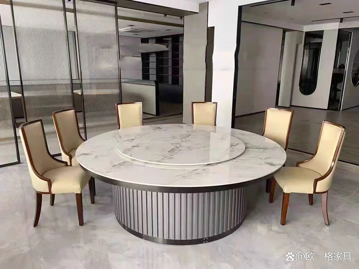 酒店电动餐桌轻奢岩板大圆桌,酒店大理石餐桌电动圆桌