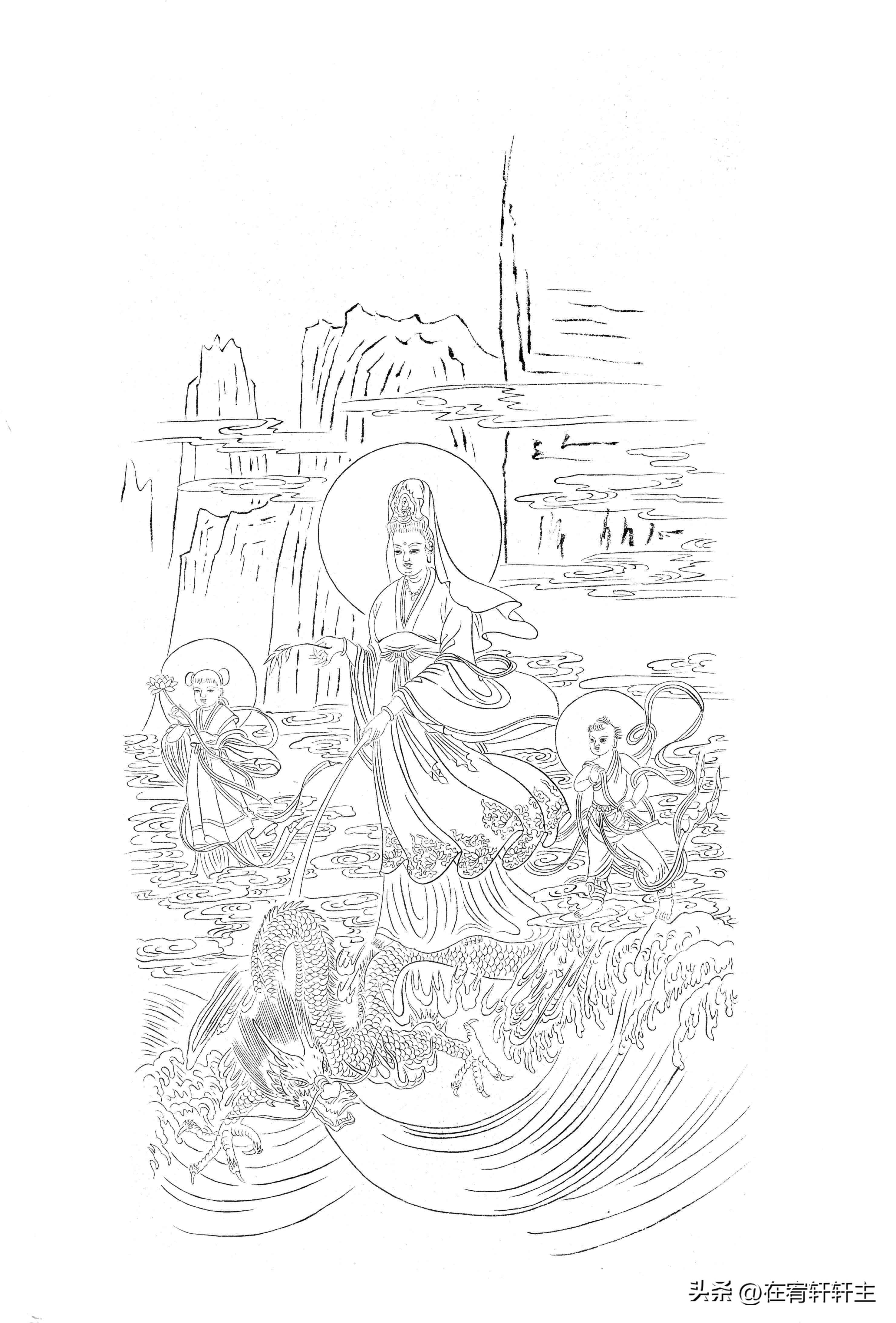 工笔白描观音苏柏斗,工笔画国画白描观音