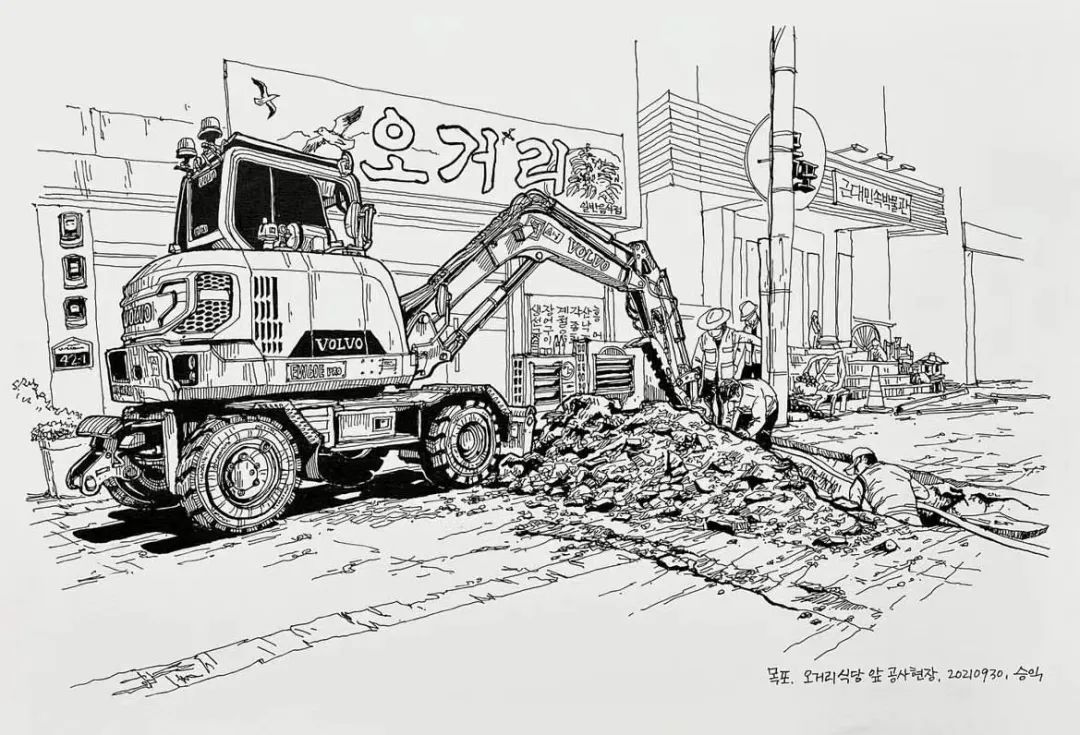 日本画家创作的铅笔街景速写,韩国速写大师