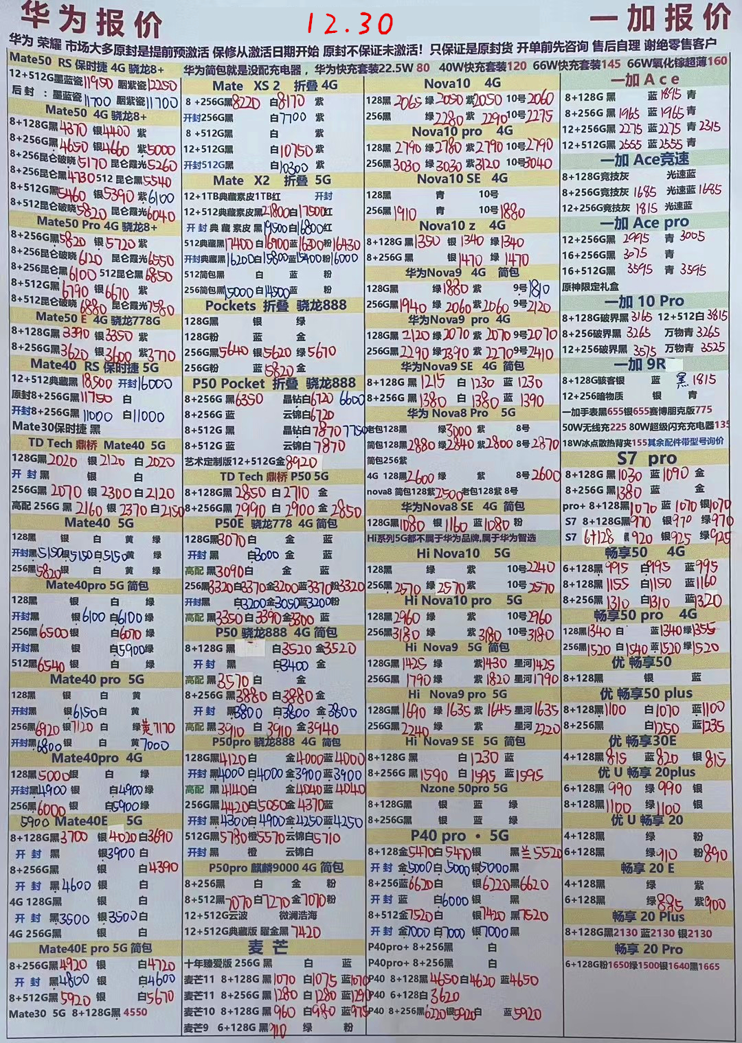华强北远望手机市场批发报价单,2020年12月2日手机批发报价表