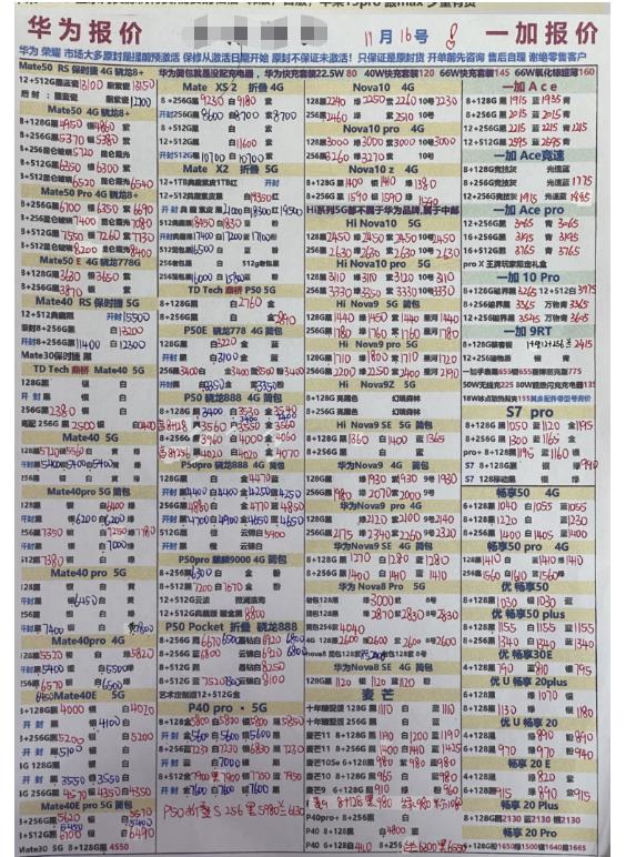 11月16日华强北各品牌全新手机报价