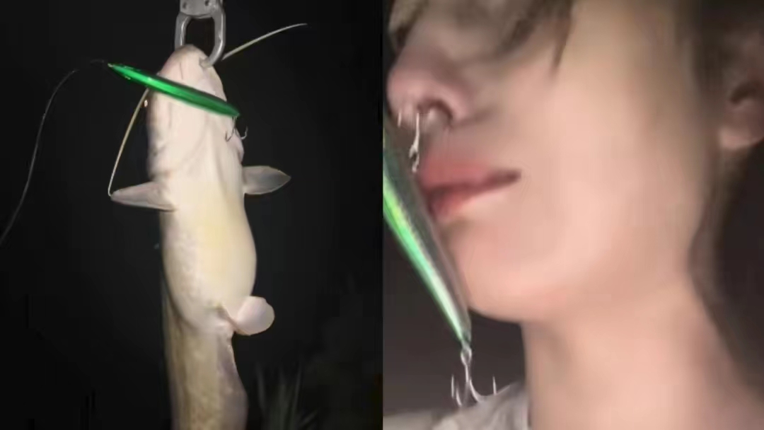 不小心把鱼钩钓到女友鼻子上,夜钓甩竿