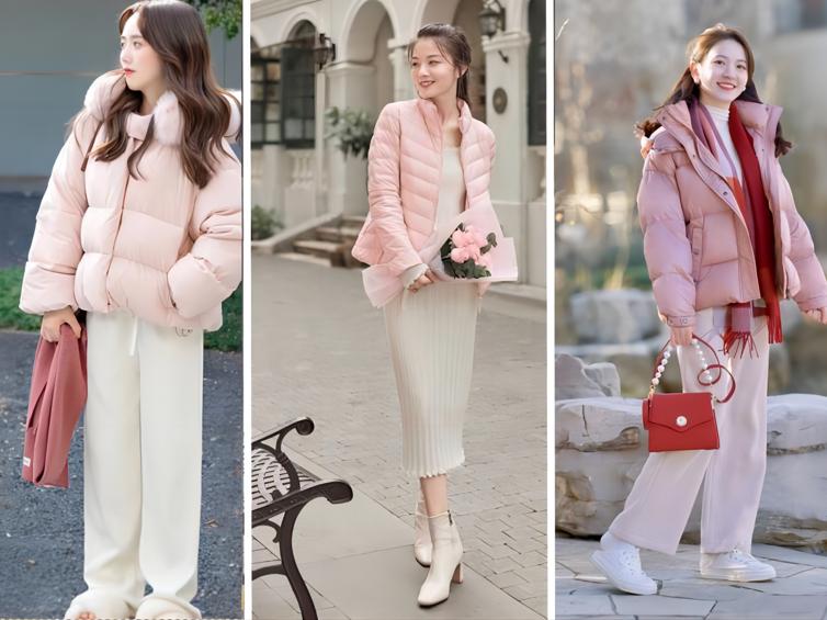 亮皮粉色羽绒服搭配什么裤子好看,亮皮白色羽绒服搭配什么裤子好看