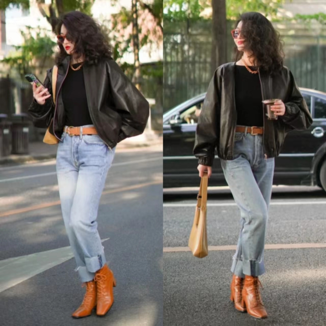 冬季黑色皮衣加棉高级感穿搭,黑色皮衣穿搭女秋冬