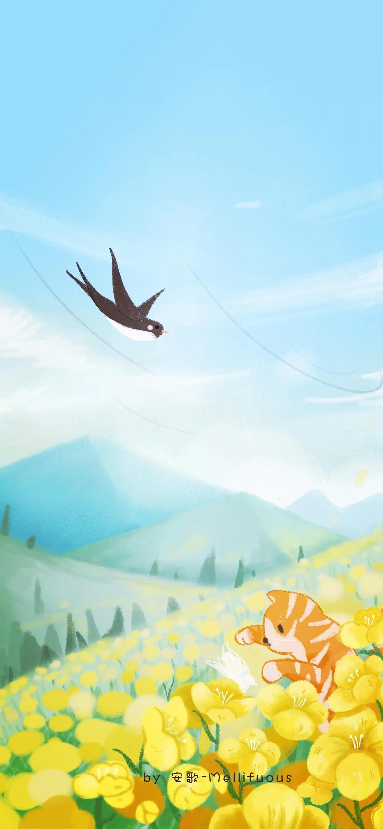 萌图100张可爱壁纸,春日海边小镇壁纸插画