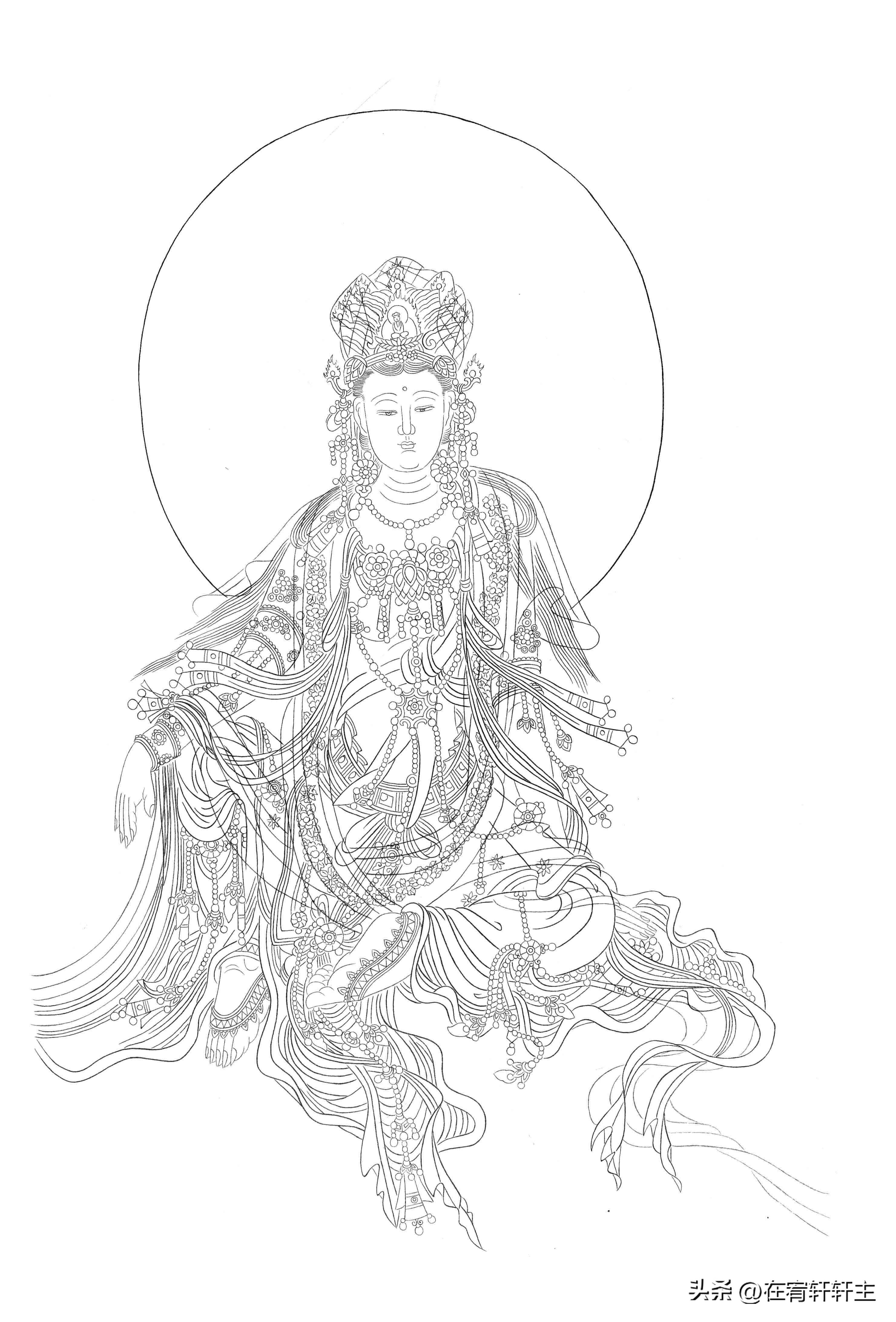 工笔白描观音苏柏斗,工笔画国画白描观音