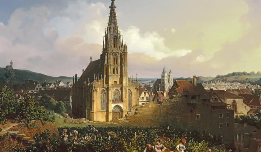 中世纪哥特式建筑风格的建筑绘画,欧洲宫廷风建筑绘画