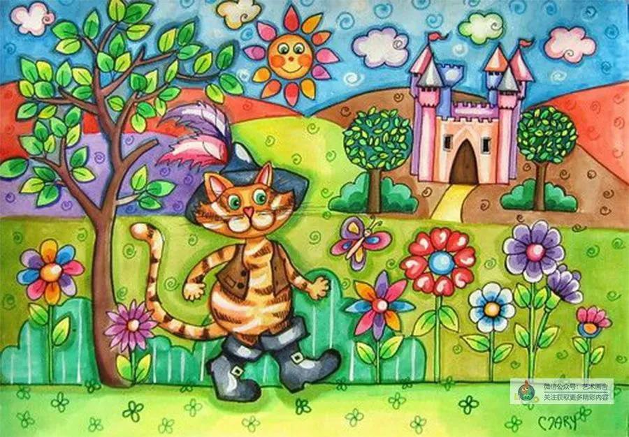 春日荡秋千放风筝儿童画,创意美术春日浪漫郁金香儿童画