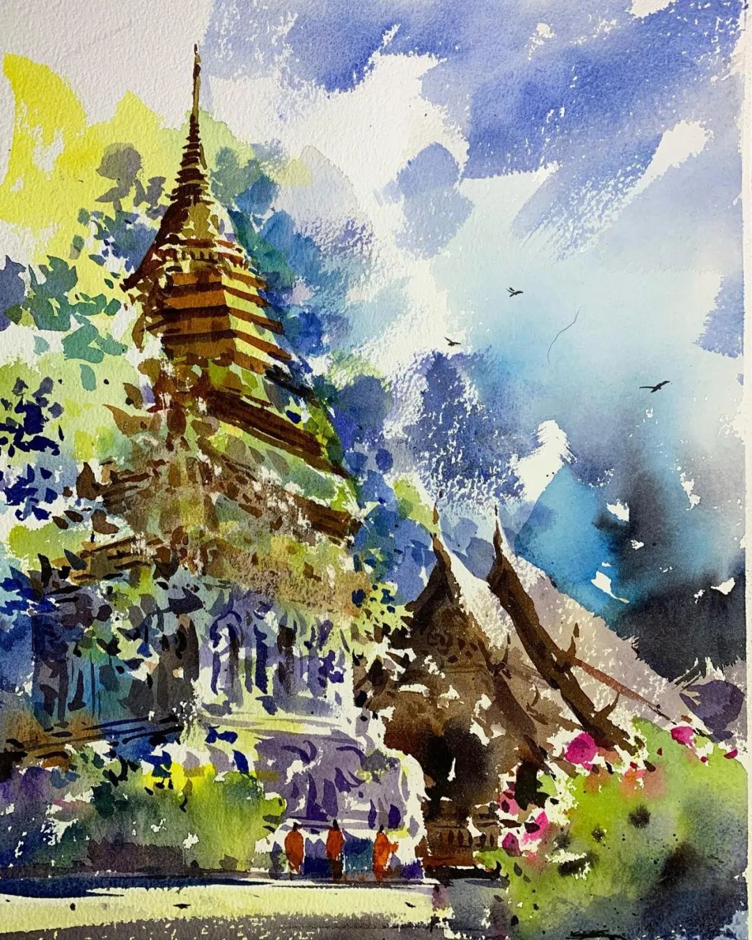 泰国水彩,泰国水彩画家绘画过程