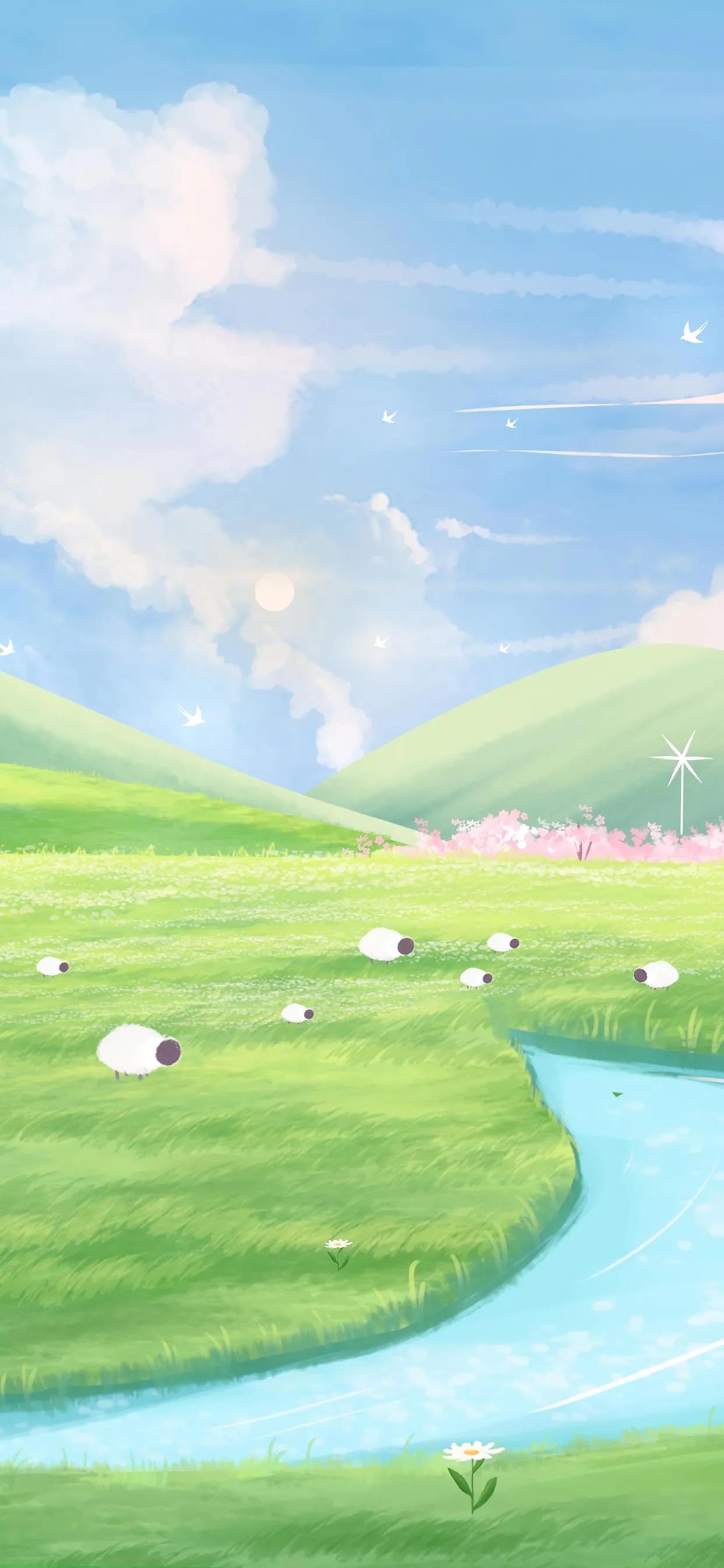 萌图100张可爱壁纸,春日海边小镇壁纸插画