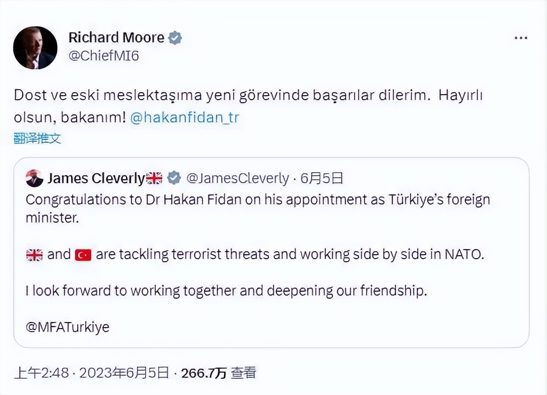 英军情六处局长发推祝贺土耳其新外长，可网友却发现……