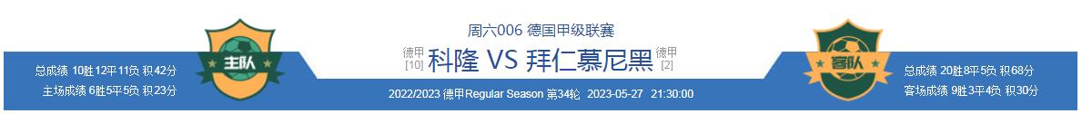 5.27今日足球竞彩推荐：熬夜精研赛事分析推荐德甲科隆vs拜仁