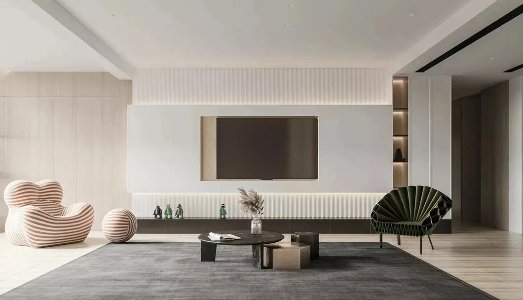 石膏线电视背景墙尺寸3.1米效果图,轻奢风装修2022新款电视背景墙纸