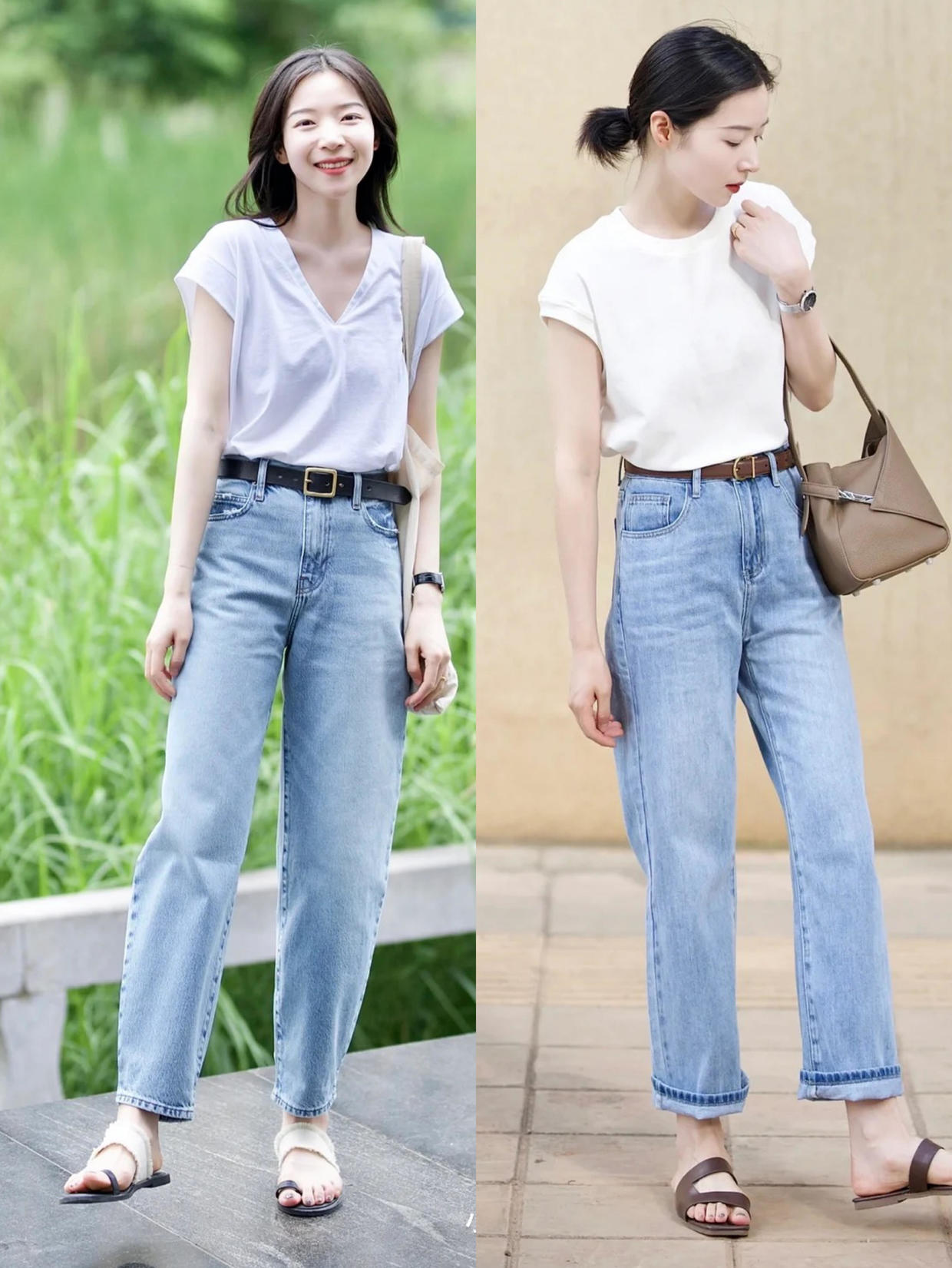 牛仔裤半身裙夏季怎么搭配,中长款t恤裙搭配牛仔裤直筒裤