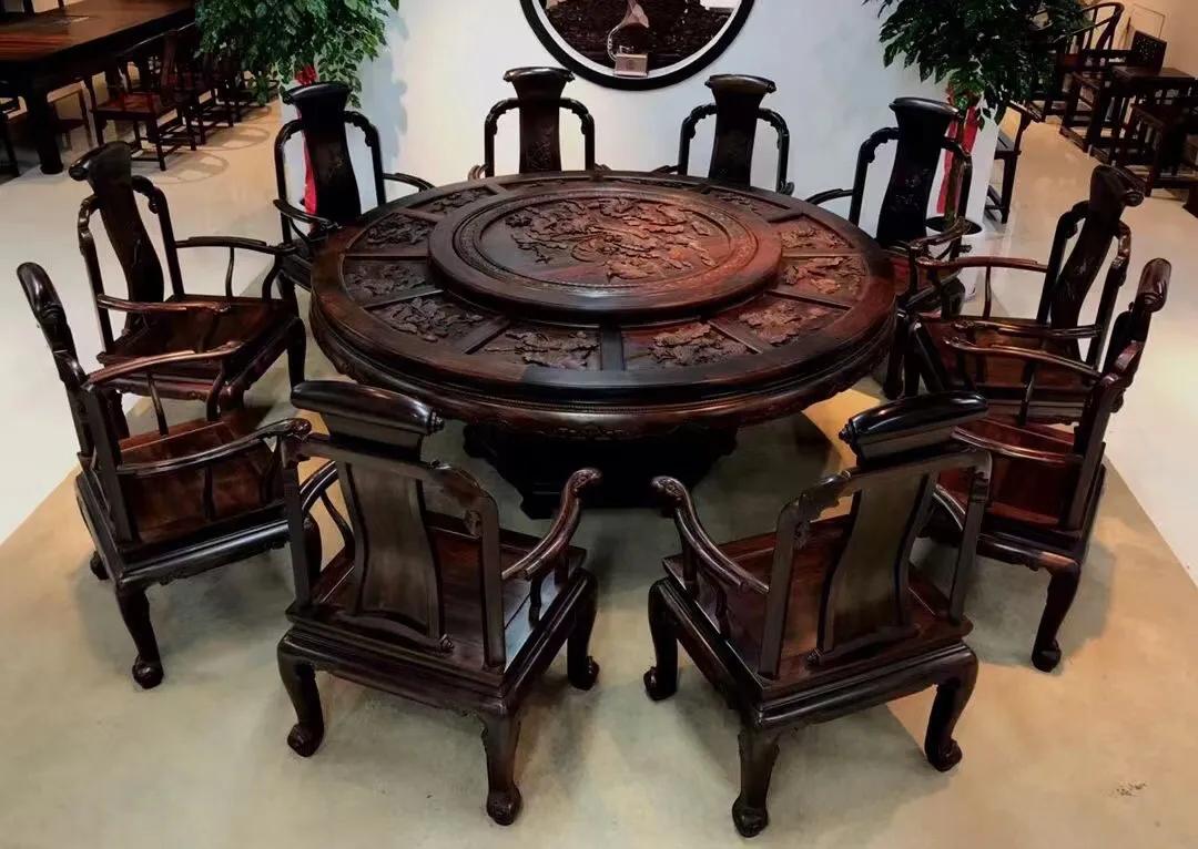 大红酸枝交趾黄檀圆桌图片,大红酸枝交趾黄檀餐桌