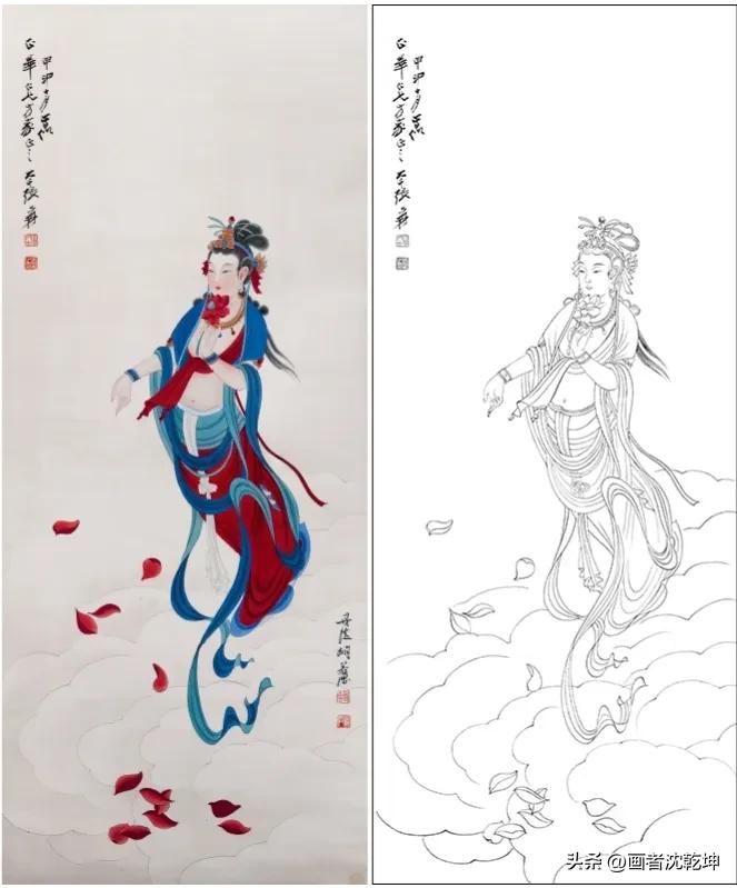 张大千临摹敦煌壁画白描稿,张大千工笔人物头部白描