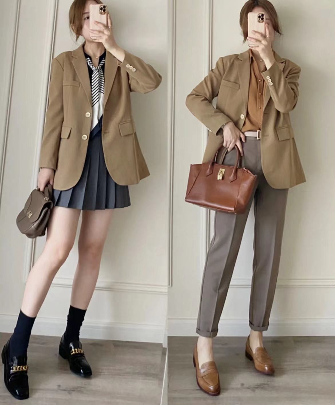 职场浅咖色小西装外套怎么搭鞋子,杏色中长款小西装如何穿搭