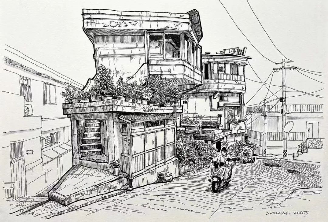 日本画家创作的铅笔街景速写,韩国速写大师
