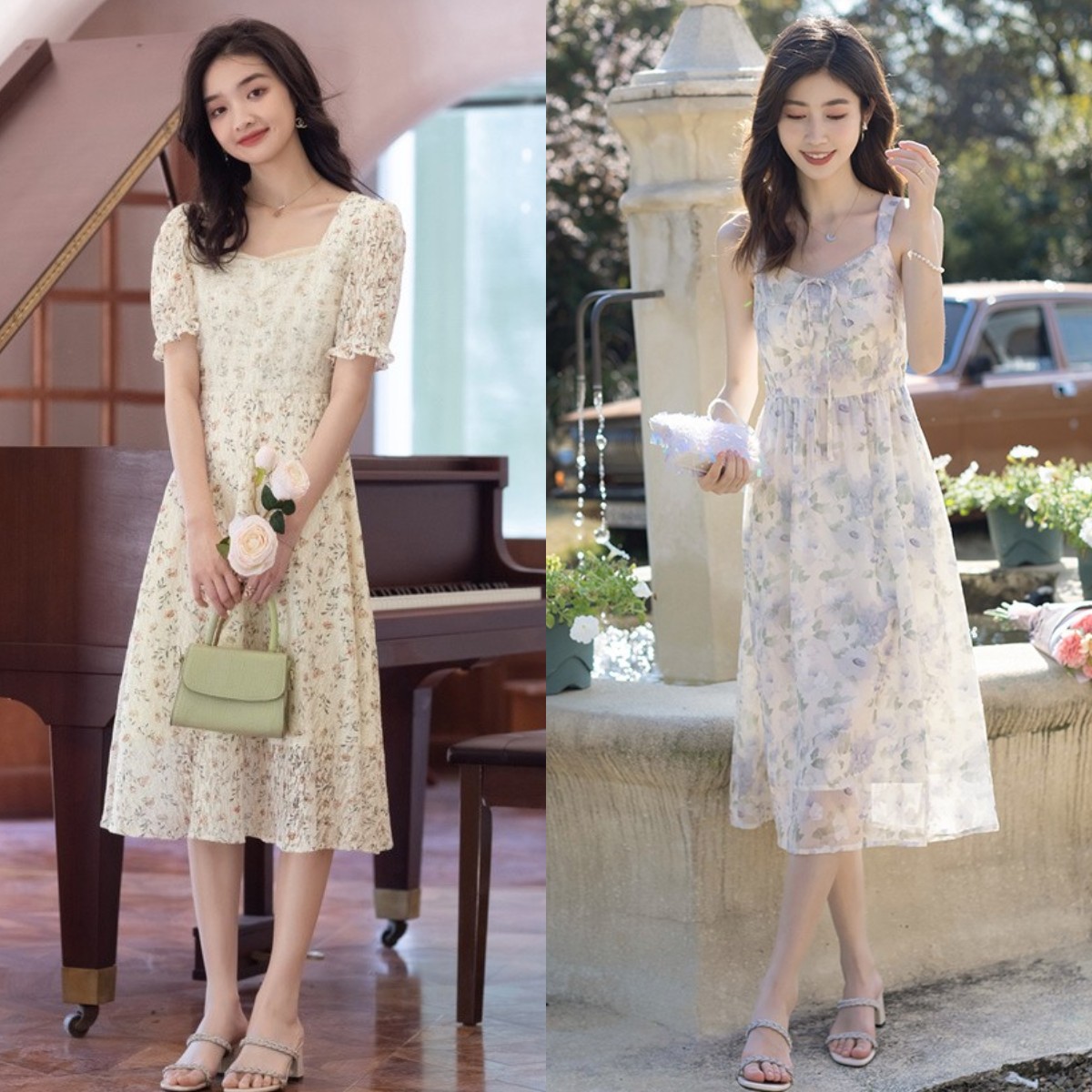 泡泡袖碎花连衣裙搭配帆布鞋,夏天小碎花连衣裙搭配什么鞋子穿