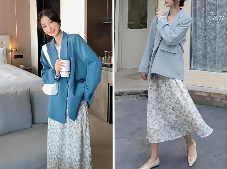 碎花裙加西装外套穿搭,西装内搭碎花连衣裙春秋穿搭