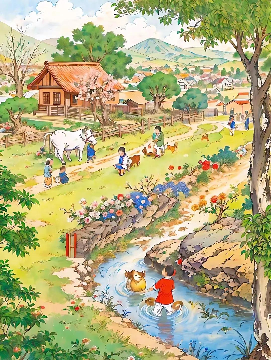 唯美治愈插画田园风,好看的古代风景田园插画