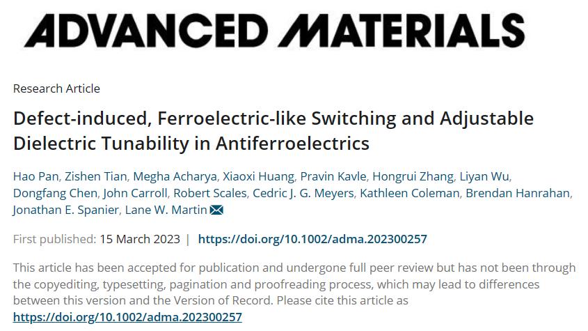 文章快讯|反铁电体缺陷诱导的类铁电畴翻转和介电可调谐性研究