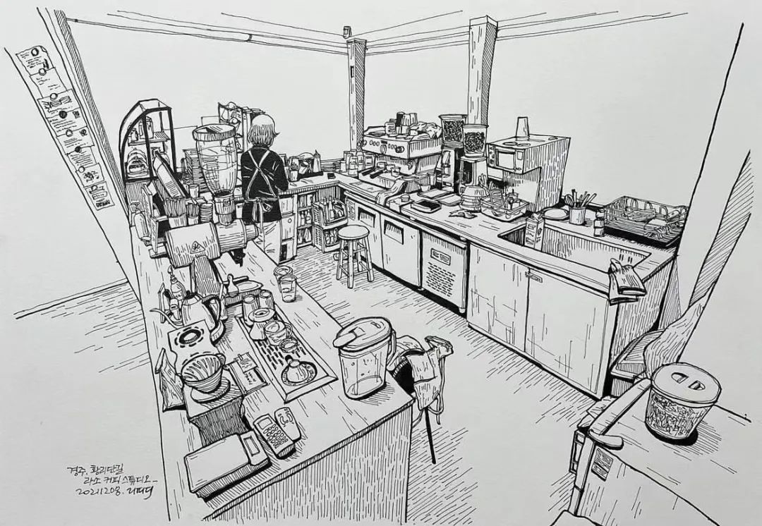 日本画家创作的铅笔街景速写,韩国速写大师