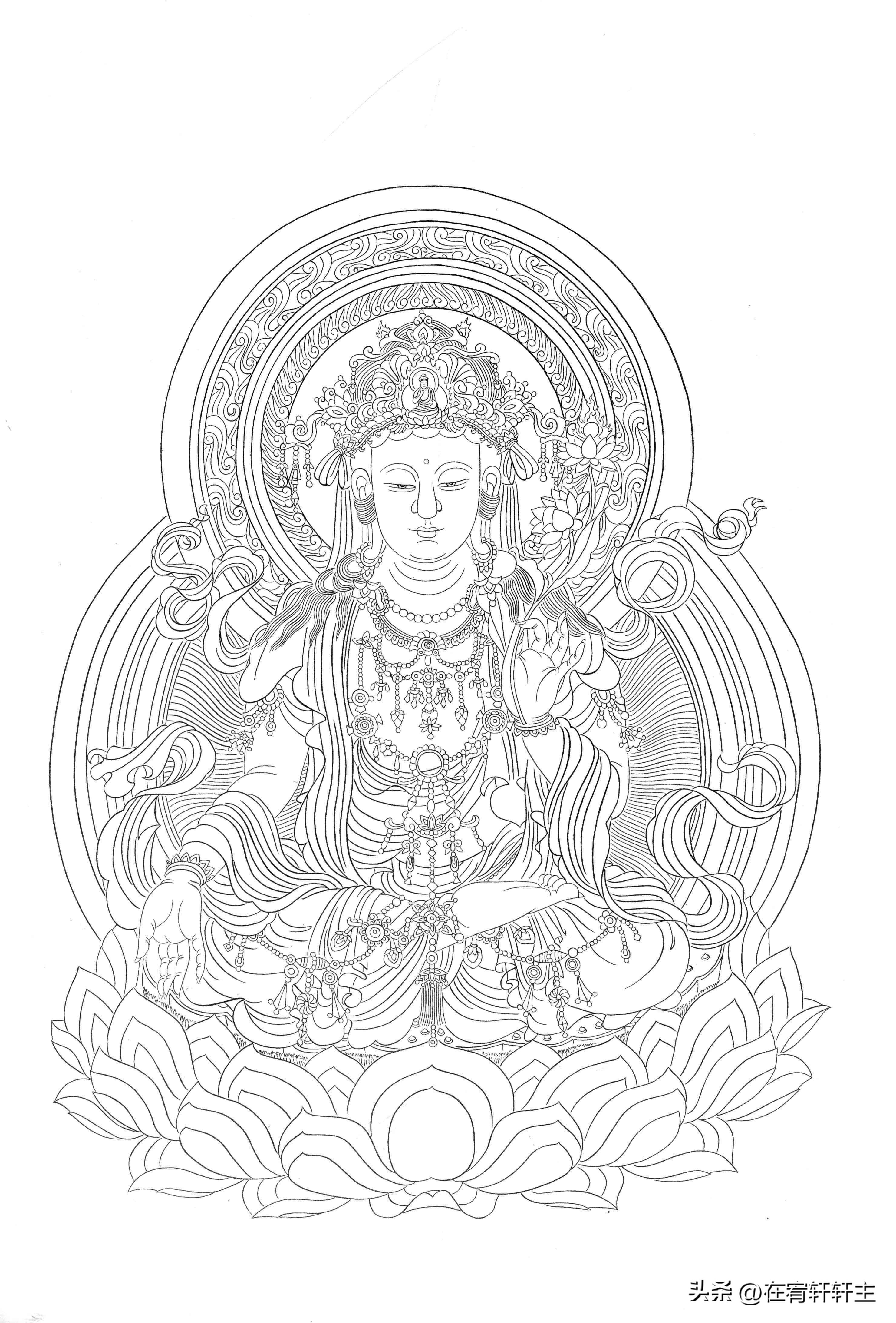 工笔白描观音苏柏斗,工笔画国画白描观音