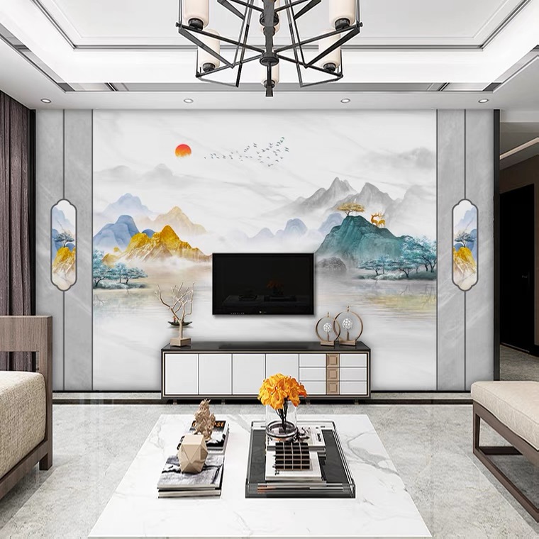 新中式浮雕山水壁画背景墙,新中式山水壁布壁画价格