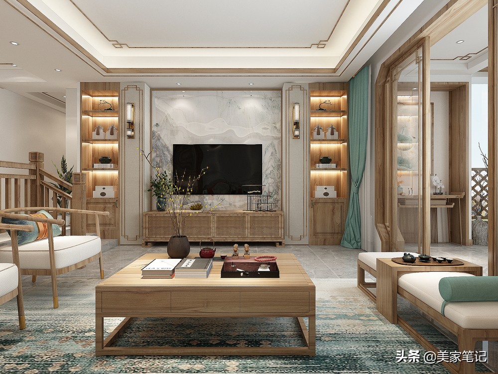 别墅新中式原木色禅意茶室背景,新中式原木色禅意风格装修效果图