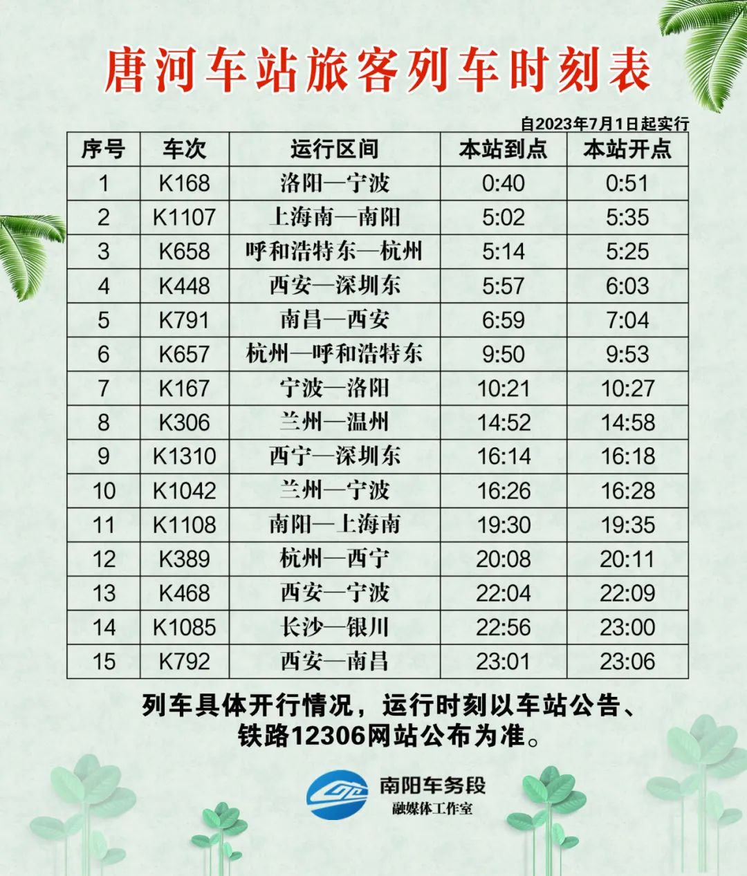 南阳列车时刻表最新消息,2024南阳站新列车运行图